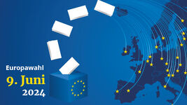 Europakarte mit Wahlurne und Wahlzetteln, unten links ist der Text "Europawahl 9. Juni 2024" zu lesen.