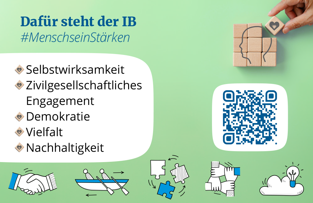Übersichtliche Wertekarte mit den Stichpunkten Selbstwirksamkeit, Zivilgesellschaftliches Engagement, Demokratie, Vielfalt und Nachhaltigkeit, daneben ein QR-Code und eine Hand, die einen Holzbaustein mit einem Herzsymbol auf einen Stapel legt, vor grünem Hintergrund.
