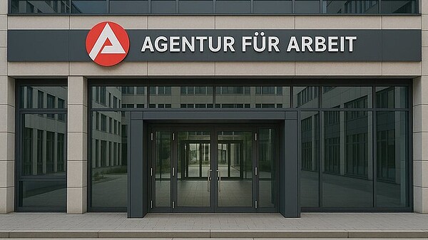 Zu sehen ist ein verglaster Eingang und das rot-weiße Logo der Agentur für Arbeit.