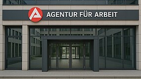 Zu sehen ist ein verglaster Eingang und das rot-weiße Logo der Agentur für Arbeit.