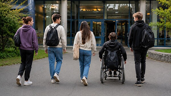Fünf jungen Menschen sind auf dem Weg in ein Gebäude. Der vierte von links benutzt einen Rollstuhl. Das Gebäude, auf das sie sich zu bewegen hat eine Glasfront, links und rechts neben dem Eingang befinden sich Bäume und Sträucher.
