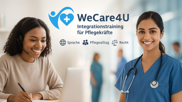 Symbolbild: Onlineteilnehmerin vor Laptop und weibliche medizinische Fachkraft. In der Bildmitte das Logo „WeCare4You“.