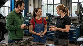Drei Personen stehen zusammen. In der Mitte steht eine junge Frau, die eine blaue Latzhose mit Flecken und ein rotes T-Shirt trägt. Rechts von ihr steht eine Frau, die etwas erklärt. Links befindet sich ein Mann, der aufmerksam zuhört, er hält ein Tablet in den Händen.