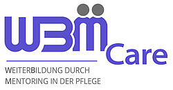Logo mit dem Schriftzug 'WBM Care' in Blau und darunter der Slogan 'Weiterbildung durch Mentoring in der Pflege' in Grau