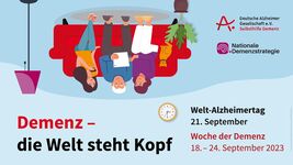 Bild der Deutschen Alzheimer Gesellschaft zum Welt-Alzheimertag: Zeichnung von drei Personen, die auf einem Sofa sitzen, das auf dem Kopf steht. Aufschrift: nz – die Welt steht Kopf. 