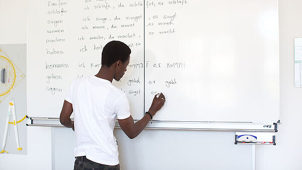 Ein Mann steht vor einer Tafel und schreibt.