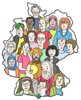 Zeichnung: Viele Gesichter von Menschen sind zu sehen. Die Menschen sehen unterschiedlich aus. Manche tragen einen Turban oder ein Kopftuch. Einer hat grüne Haare. Um die Gesichter ist eine Linie. Die Linie sieht aus wie eine Landkarte.