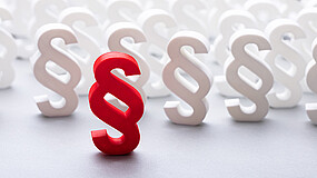 Zu sehen sind viele dreidimensionale Paragraphen-Symbole. Im Vordergrund befindet sich ein Paragraphen-Symbol in roter Farbe, dahinter viele weiße.