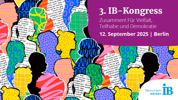 Bunte, comicartige Silhouetten mit Schriftzug zur Terminankündigung des IB-Kongresses