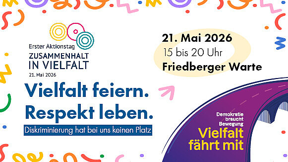 Der Flyer zum Vielfaltsfest der Stiftung Schwarz-Rot-Bunt am 21. Mai 2026 zeigt bunte Konfetti-Elemente sowie Informationen zum Programm und Veranstaltungsort.