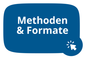Dunkelblaues Rechteck mit weißer Schrift 'Methoden & Formate' und einem weißen Mausklick-Symbol