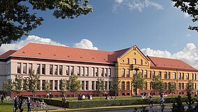 Hochschulgbäude, davor eine Wiese, Bäume und eine Hecke. Abgebildet sind zudem mehrere Menschen, die sich vor dem Gebäude befinden. 