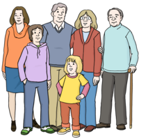 Zeichnung: 6 Menschen stehen zusammen. Die Menschen sind unterschiedlich alt. Vorne stehen zwei Kinder. Ganz außen steht ein älterer Mann mit einem Geh-Stock.