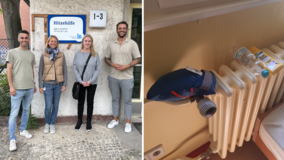 Links sieht man die Verantwortlichen der Hitzehilfe Berlin, rechts eine Heizung, auf der eine Wasserflasche und Sonnencreme liegen