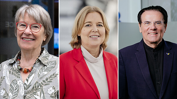 Galerieansicht mit drei Porträts: links Petra Merkel, Präsidentin des Internationalen Bundes, in der Mitte Bundesarbeitsministerin Bärbel Bas, rechts Thiemo Fojkar, Vorstandsvorsitzender des IB.
