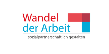 Logo mit dem Schriftzug 'Wandel der Arbeit' in Rot und Blau sowie dem Zusatz 'sozialpartnerschaftlich gestalten' und einem grafischen Element aus roten und blauen Quadraten