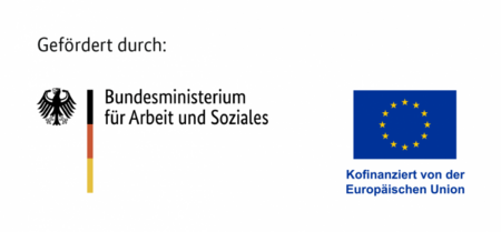Links das Logo des Bundesministeriums für Arbeit und Soziales mit Bundesadler und senkrechtem schwarz-rot-goldenem Balken, rechts die Europaflagge mit zwölf gelben Sternen auf blauem Grund und dem Text 'Kofinanziert von der Europäischen Union'