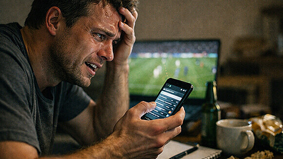 Ein Mann sitzt an einem Tisch und schaut auf ein Handy, das er in der Hand hält. Im Hintergrund sind ein unaufgeräumter Tisch und ein Fernsehgerät, in dem gerade ein Fußballspiel gezeigt wird.