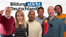Schauspieler Hans-Joachim Heist, Moderatorin Merle Becker und die Band Culcha Candela stehen vor einem weißen Hintergrund. Auf dem Hintergrund befindet sich die Aufschrift "Bildung stärkt Deutschland".
