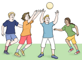 Zeichnung: 4 Jugendliche spielen gemeinsam mit einem Ball.