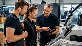Drei Personen stehen vor einer Produktionsanlage. Links steht ein junger Mann, in der Mitte eine junge Frau, beide in Arbeitskleidung. Rechts steht ein etwas älterer Mann, der den beiden anderen etwas erklärt. Er hält ein Tablet in der Hand.
