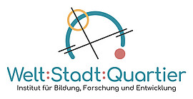 Logo Welt Stadt Quartier: Schriftzug "Welt, Stadt, Quartier", darunter Textzeile: "Institut für Bildung, Forschung und Entwicklung", darüber ein kleines abstraktes Bild aus Kreisen und Linien
