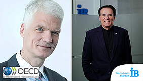 Zusammengesetztes Foto: Links im Bild ein Porträtfoto von Prof. Andreas Schleicher vor weißem Hintergrund, in der rechten Bildhälfte ist Thiemo Fojkar stehend vor einem graußen Hintergrund abgebildet.